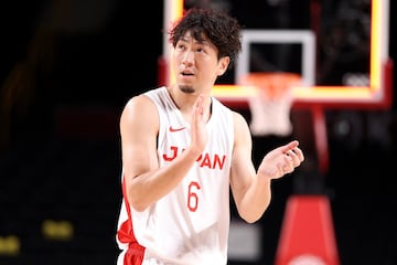 SAITAMA, JAPAN - JULY 26: Makoto Hiejima #6 of Team Japan reacts during the first half of the Men's Preliminary Round Group C game against Spaind on day three of the Tokyo 2020 Olympic Games at Saitama Super Arena on July 26, 2021 in Saitama, Japan. (Photo by Gregory Shamus/Getty Images)