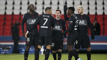 Danilo Pereira of PSG celebrates his goal with Kylian Mbappe, Lionel Messi, Nuno Mendes, Mauro Icardi during the French championship Ligue 1 football match between Paris Saint-Germain and Stade de Reims on January 23, 2022 at Parc des Princes stadium in P