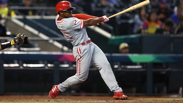 Mar 14, 2023; Phoenix, Arizona, USA; Canada infielder Otto Lopez hits an eighth inning triple against Colombia during the World Baseball Classic at Chase Field. Mandatory Credit: Mark J. Rebilas-USA TODAY Sports