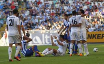 Trofeo Teresa Herrera. Deportivo de la Coru?a - Real Madrid. 0-3. Casemiro celebra el tercer gol con sus compa?eros.