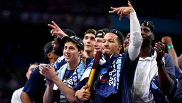 Apr 2, 2018; San Antonio, TX, USA; Villanova Wildcats guard Jalen Brunson (1) celebrates after beating the Michigan Wolverines in the championship game of the 2018 men&#039;s Final Four at Alamodome. Mandatory Credit: Bob Donnan-USA TODAY Sports