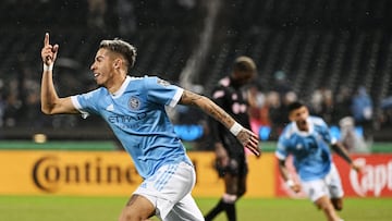 Oct 17, 2022; Queens, New York, USA;  New York City FC midfielder Gabriel Pereira (38) celebrates his goal in the 63rd minute during the second half of a MLS Eastern Conference quarterfinal match against Inter Miami CF at Citi Field. Mandatory Credit: Mark Smith-USA TODAY Sports