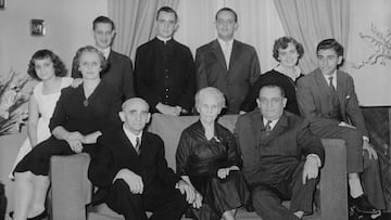 BUENOS AIRES, CAP. FED. - UNDATED: - In this undated collect photograph courtesy of the Jesuit General Curia in Rome, newly named priest Jose Mario Bergoglio poses with his family (top row, 2nd from left) for a portrait, in the picture also his sister Maria Elena (1st left), in Buenos Aires, Argentina. Bergoglio was elected pope on March 13, 2013, making him the first pope ever from the Americas. The Argentinian Jorge Mario Bergoglio, ordained for the Jesuits on 1969 at the Theological faculty of San Miguel was elected as Pope Francis on March 13, 2013 as the first ever Jesuit pontiff. The Society of Jesus, founded in 1540 by the Spanish Ignatius of Loyola's, is a Christian male religious order of the Roman Catholic Church. The society is engaged in evangelization and apostolic ministry in 112 nations and on six continents. Jesuits operate in education (founding schools, colleges, universities and seminaries), intellectual research and cultural pursuits. (Photo by Franco Origlia/Getty Images)