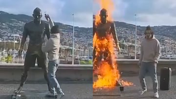 Un hombre prende fuego a la estatua de Cristiano Ronaldo en extraño video