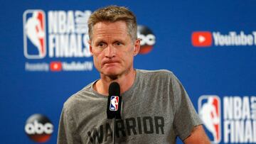 OAKLAND, CA - MAY 31: Steve Kerr of the Golden State Warriors addresses the media before in Game 1 of the 2018 NBA Finals against the Cleveland Cavaliers at ORACLE Arena on May 31, 2018 in Oakland, California. NOTE TO USER: User expressly acknowledges and agrees that, by downloading and or using this photograph, User is consenting to the terms and conditions of the Getty Images License Agreement.   Lachlan Cunningham/Getty Images/AFP
 == FOR NEWSPAPERS, INTERNET, TELCOS &amp; TELEVISION USE ONLY ==