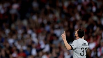 Lionel Messi celebrates a goal during the French League 1 match between Lille and PSG at the Stade Pierre Mauroy on August 21, 2022.