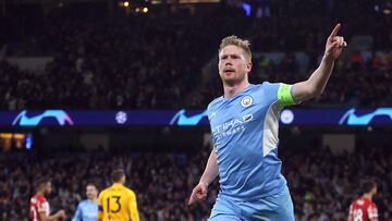 Soccer Football - Champions League - Quarter Final - First Leg - Manchester City v Atletico Madrid - Etihad Stadium, Manchester, Britain - April 5, 2022 Manchester City's Kevin De Bruyne celebrates scoring their first goal Action Images via Reuters/Lee Smith