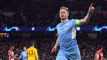 Soccer Football - Champions League - Quarter Final - First Leg - Manchester City v Atletico Madrid - Etihad Stadium, Manchester, Britain - April 5, 2022 Manchester City's Kevin De Bruyne celebrates scoring their first goal Action Images via Reuters/Lee Smith