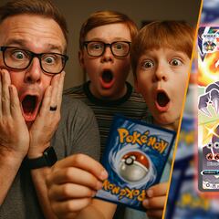 A father films himself opening a Pokémon pack with his children and ends up with a card worth hundreds of euros in his hand.