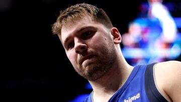 Luka Doncic #77 of the Dallas Mavericks leaves the court against the Minnesota Timberwolves in the first half at American Airlines Center on December 25, 2024 in Dallas, Texas.