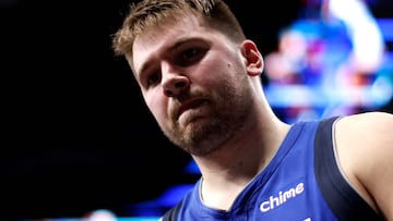 Luka Doncic #77 of the Dallas Mavericks leaves the court against the Minnesota Timberwolves in the first half at American Airlines Center on December 25, 2024 in Dallas, Texas.