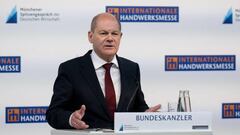 08 July 2022, Bavaria, Munich: German Chancellor Olaf Scholz (SPD) attends a press conference after the Munich Summit of German Business 2022. Scholz and representatives of the business community met as part of the International Trade Fair IHM. Photo: Sven Hoppe/dpa (Photo by Sven Hoppe/picture alliance via Getty Images)