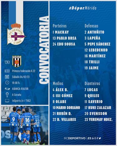 Arturo por sanción y Raúl, bajas del Depor ante el Mérida