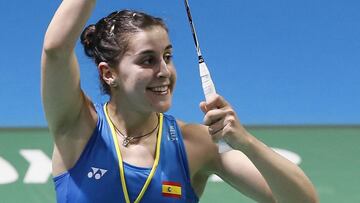 La espa&ntilde;ola Carolina Marin durante el encuentro disputado contra la francesa Marie Batomene en el Campeonato Europeo de Badminton de Huelva.