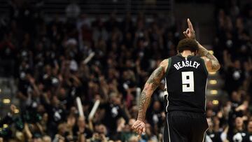 MILWAUKEE, WI - APRIL 20: Michael Beasley #9 of the Milwaukee Bucks reacts to a three-point shot against the Toronto Raptors during the first half of Game Three of the Eastern Conference Quarterfinals during the 2017 NBA Playoffs at the BMO Harris Bradley Center on April 20, 2017 in Milwaukee, Wisconsin. NOTE TO USER: User expressly acknowledges and agrees that, by downloading and or using this photograph, User is consenting to the terms and conditions of the Getty Images License Agreement. Stacy Revere/Getty Images/AFP
== FOR NEWSPAPERS, INTERNET, TELCOS & TELEVISION USE ONLY ==