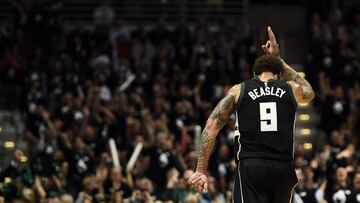 MILWAUKEE, WI - APRIL 20: Michael Beasley #9 of the Milwaukee Bucks reacts to a three-point shot against the Toronto Raptors during the first half of Game Three of the Eastern Conference Quarterfinals during the 2017 NBA Playoffs at the BMO Harris Bradley Center on April 20, 2017 in Milwaukee, Wisconsin. NOTE TO USER: User expressly acknowledges and agrees that, by downloading and or using this photograph, User is consenting to the terms and conditions of the Getty Images License Agreement.   Stacy Revere/Getty Images/AFP
 == FOR NEWSPAPERS, INTERNET, TELCOS &amp; TELEVISION USE ONLY ==