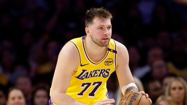 Luka Doncic #77 of the Los Angeles Lakers dribbles during a 103-96 loss to the Minnesota Timberwolves in Game Five of the Western Conference First Round NBA Playoffs at Crypto.com Arena on April 30, 2025 in Los Angeles, California.