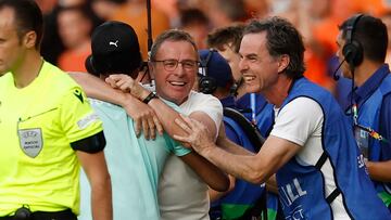 Austria's head coach Ralf Rangnick and his staff celebrate after the UEFA Euro 2024 Group D football match between the Netherlands and Austria at the Olympiastadion in Berlin on June 25, 2024. (Photo by Odd ANDERSEN / AFP)
