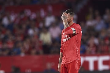 Sergio Ramos of Real Madrid CF reacts during the La Liga match between Sevilla FC and Real Madrid CF at Estadio Ramon Sanchez Pizjuan on September 26, 2018 in Seville, Spain.