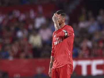 Sergio Ramos of Real Madrid CF reacts during the La Liga match between Sevilla FC and Real Madrid CF at Estadio Ramon Sanchez Pizjuan on September 26, 2018 in Seville, Spain.