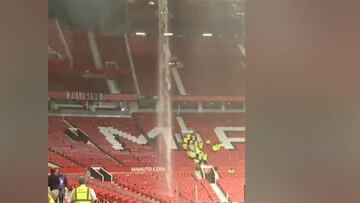 Man Utd v Man City: heavy rain provokes Old Trafford waterfall