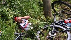 Cycling - Tour de France - Stage 1 - Brest to Landerneau - France - June 26, 2021 UAE Team Emirates rider Marc Hirschi of Switzerland reacts after a crash REUTERS/Anne-Christine Poujoulat