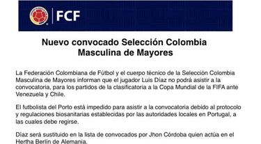 Jhon Córdoba reemplaza a Luis Díaz en la Selección Colombia