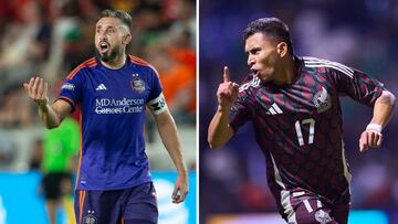 Héctor Herrera (izq) durante un partido con el Houston Dynamo y Orbelín Pineda (der) festeja un gol con la Selección Mexicana.