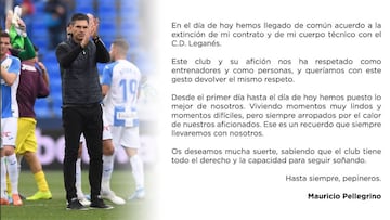 El agradecido mensaje de despedida de Pellegrino al Leganés