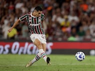 Soccer Football - Brasileiro Championship - Fluminense v Atletico Mineiro - Estadio Maracana, Rio de Janeiro, Brazil - October 4, 2025 Fluminense's Kevin Serna scores their second goal REUTERS/Ricardo Moraes