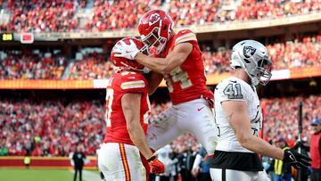 KANSAS CITY, MISSOURI - NOVEMBER 29: Justin Watson #84 of the Kansas City Chiefs celebrates with Travis Kelce #87 after scoring a touchdown against the Las Vegas Raiders during the second quarter in the game at GEHA Field at Arrowhead Stadium on November 29, 2024 in Kansas City, Missouri. Jamie Squire/Getty Images/AFP (Photo by JAMIE SQUIRE / GETTY IMAGES NORTH AMERICA / Getty Images via AFP)
