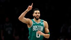 NEW YORK, NEW YORK - FEBRUARY 13: Jayson Tatum #0 of the Boston Celtics reacts after scoring during the first half against the Brooklyn Nets at Barclays Center on February 13, 2024 in the Brooklyn borough of New York City. NOTE TO USER: User expressly acknowledges and agrees that, by downloading and or using this photograph, User is consenting to the terms and conditions of the Getty Images License Agreement.   Sarah Stier/Getty Images/AFP (Photo by Sarah Stier / GETTY IMAGES NORTH AMERICA / Getty Images via AFP)