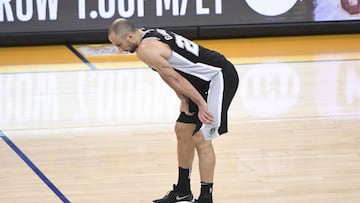 April 24, 2018; Oakland, CA, USA; San Antonio Spurs guard Manu Ginobili (20) reacts during the fourth quarter in game five of the first round of the 2018 NBA Playoffs against the Golden State Warriors at Oracle Arena. Mandatory Credit: Kyle Terada-USA TODAY Sports