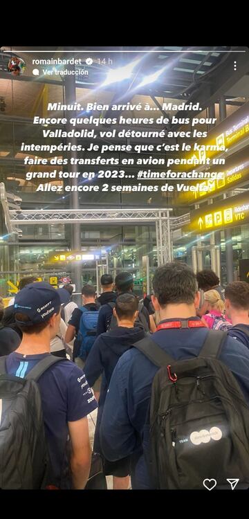 Story de Romain Bardet a su llegada a Barajas después de que el avió en el volaban en el traslado de La Vuelta no pudiera aterrizar en Valladolid por la DANA que afecta a gran parte de España.