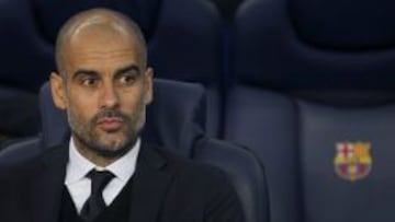 El entrenador del Bayern de Munich, el español Josep Guardiola, durante el partido de ida de la semifinal de la Liga de Campeones que FC Barcelona y Bayern de Munich juegan esta noche en el Camp Nou, en Barcelona