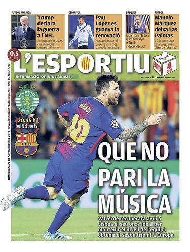 Portada de 'L'Esportiu' del miércoles, 27 de septiembre de 2017.