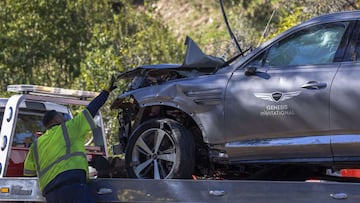 ROLLING HILLS ESTATES, CA - FEBRUARY 23: A sign for the Genesis Invitational golf tournament is seen on the door of the car that golf legend Tiger Woods was driving when seriously injured in a rollover accident on February 23, 2021 in Rolling Hills Estate