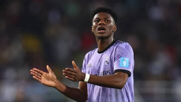 RABAT, MOROCCO - FEBRUARY 08:  Aurelien Tchouameni of Real Madrid reacts during the FIFA Club World Cup Morocco 2022 Semi Final match between Al Ahly and Real Madrid CF at Prince Moulay Abdellah Stadium on February 8, 2023 in Rabat, Morocco. (Photo by Chris Brunskill/Fantasista/Getty Images)