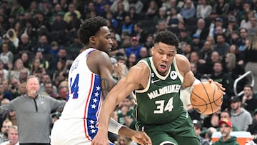 Mar 4, 2023; Milwaukee, Wisconsin, USA; Milwaukee Bucks forward Giannis Antetokounmpo (34) drives to the basket against Philadelphia 76ers forward Paul Reed (44) in the first half at Fiserv Forum. Mandatory Credit: Michael McLoone-USA TODAY Sports