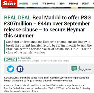 'The Sun': el Madrid ofrecerá 350M€ para fichar a Neymar