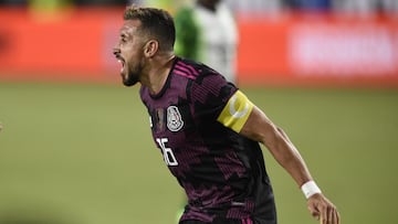 Jul 3, 2021; Los Angeles, CA, USA; Mexico midfielder Hector Herrera (16) celebrates after his goal during the second half against Nigeria at the Los Angeles Memorial Coliseum. Mandatory Credit: Kelvin Kuo-USA TODAY Sports