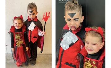 Los hijos de Jenni y Iago Aspas han ido muy conjuntados al colegio con sus trajes de Halloween. 