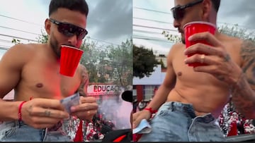 Alexis Vega lanza billetes a un grupo de aficionados desde el autobús