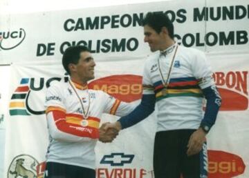 En los Mundiales de Muitama 1995 (Colombia), Abraham Olano fue el primer espa?ol en convertirse en campe¨®n del mundo de ciclismo en ruta, logro redondeado con la plata de Indurain. A?os m¨¢s tarde, Igor Astarloa (1) y ?scar Freire (3) lograr¨ªan cuatro t¨ªtulos m¨¢s para el ciclismo espa?ol.