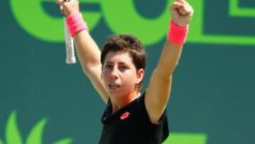 Carla Suarez festeja su triunfo sobre la alemana Andrea Petkovic en semifinales del Masters Series 1.000 de Miami. 