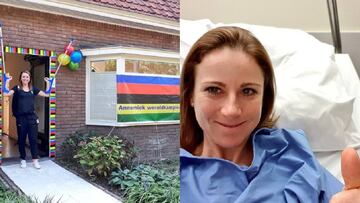 Annemiek Van Vleuten, tras llegar a su casa despu&eacute;s de los Mundiales de Innsbruck tras ganar el t&iacute;tulo contrarreloj y despu&eacute;s de operarse de su fractura de rodilla en la prueba en ruta.