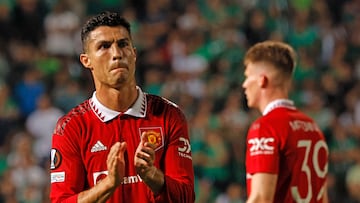 Manchester United's Portuguese striker Cristiano Ronaldo (L) reacts at the end of the UEFA Europa League group E football match between Cyprus' Omonia Nicosia and England's Manchester United at GSP stadium in the capital Nicosia on October 6, 2022. (Photo by Khaled DESOUKI / AFP)