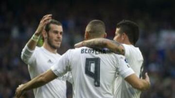 Bale, Benzema y James celebraron uno de los goles en el 10-2 al Rayo.