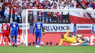 France's goalkeeper #16 Mike Maignan (R) concedes a goal scored from the penalty spot during the UEFA Euro 2024 Group D football match between France and Poland at the BVB Stadion in Dortmund on June 25, 2024. (Photo by KENZO TRIBOUILLARD / AFP)