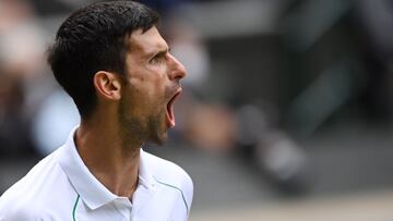 Novak Djokovic celebra un punto durante su partido ante Matteo Berrettini en la final de Wimbledon.
